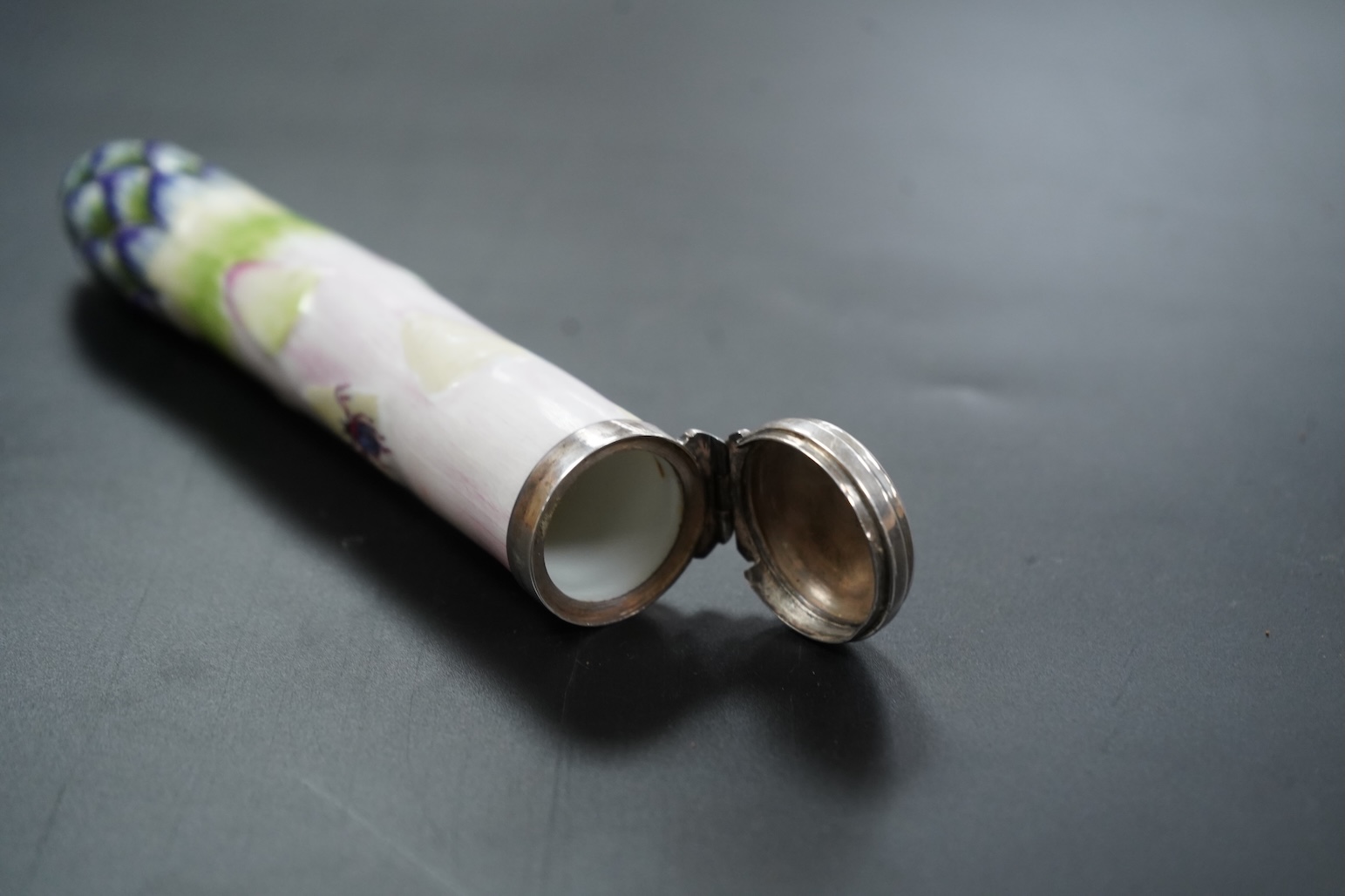 A continental silver mounted asparagus shaped bodkin case, 15cm long
